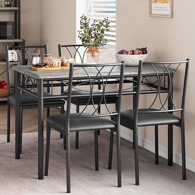 IDEALHOUSE Dining Table Set for 4, Kitchen Table and Chairs Set for 4, Rectangular Kitchen Table Set, 5 Piece Small Dining Table Set with Upholstered Chairs for Apartment, Small Space, Retro Gray