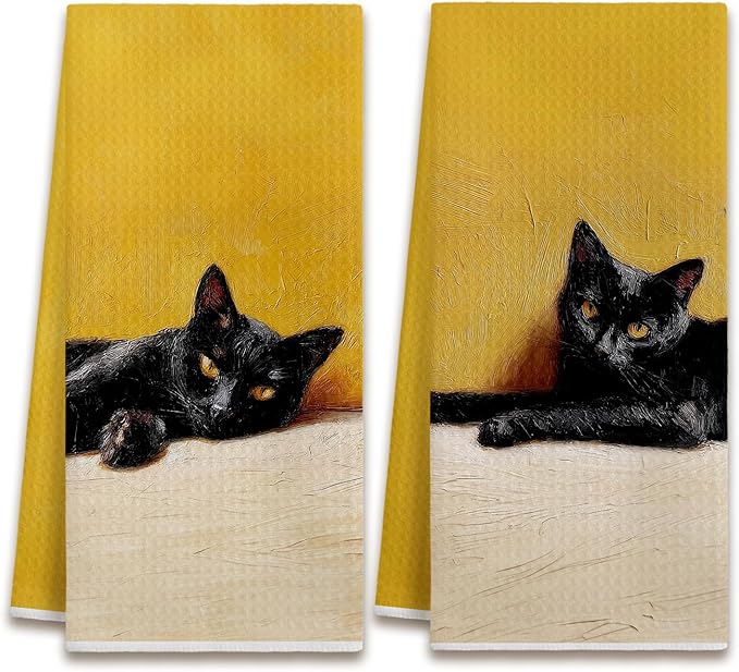 Black Cat Kitchen Dish Towels, Cat Lover Mom Lady Gifts, Mustard Yellow Moody Kitty Kitten Decorative Hand Tea Towels for Bathroom Kitchen, 16x24 Inches Set of 2