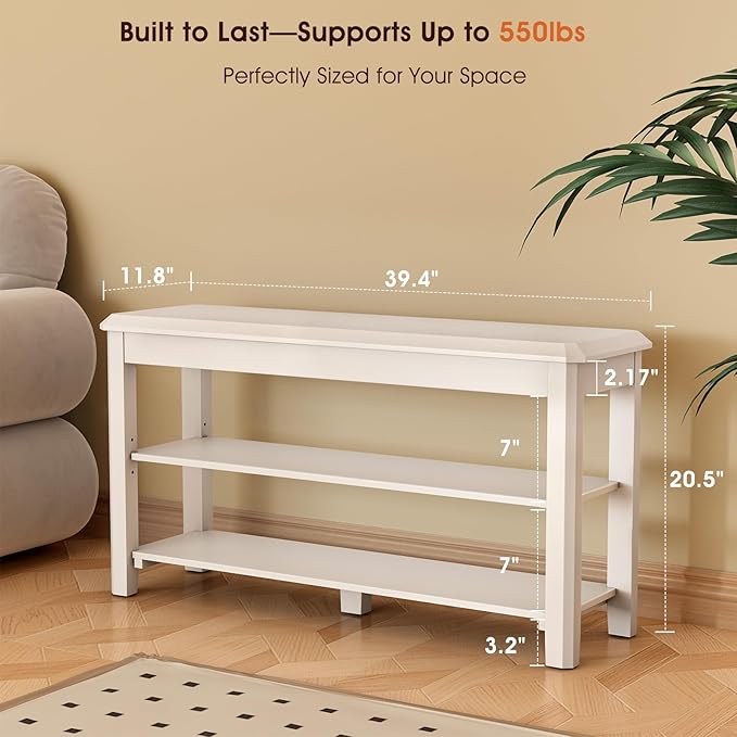 Shoe Rack Bench Seat Rubberwood 2-Tier Wooden Storage Bench 550lbs Compact Mid-Century Modern Design for Entryway, Hallway, Closet, Front Door Entrance, Foyer