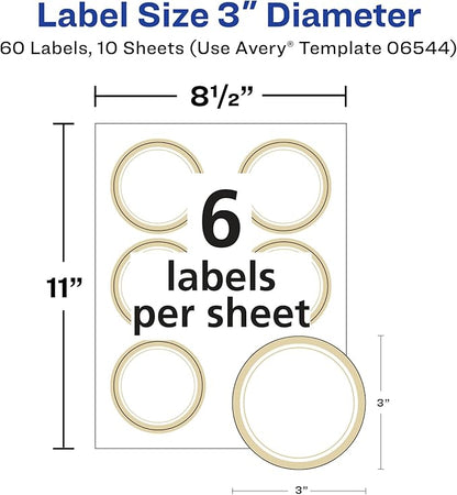 Avery Matte White Labels, Metallic Gold Borders, 3" Round Labels, 60 Total, Laser/Inkjet Printable (6544)