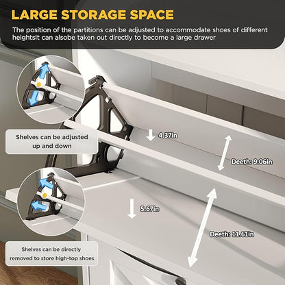 Maupvit Large Shoe Storage Cabinet with 4 Flip Drawers, Narrow Shoe Cabinet for Entryway with Wooden Legs, Freestanding Hidden Shoe Rack Organizer ＆ Metal Hinges, White