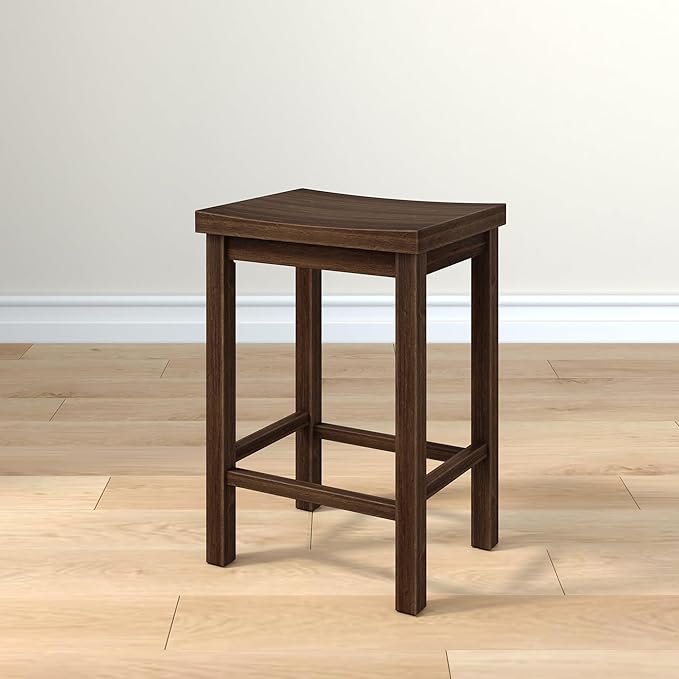 Grain & Grove Smith Collection Solid Wood Counter Height Bar Stool, 24-Inch Saddle Seat Backless Stool, Ideal for Kitchen Island, Dining, or Home Bar Seating, Walnut