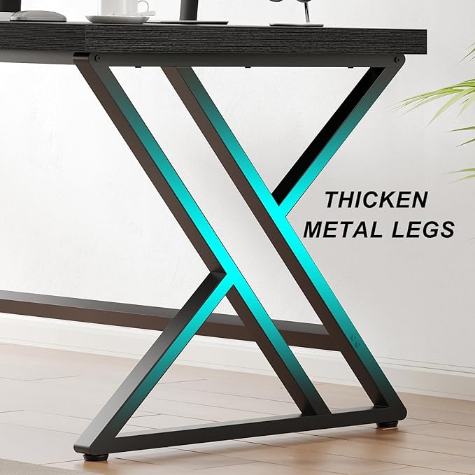 LVB Black Desk, Modern Gaming Writing Computer Desk for Home Office, Metal Wood Study Work PC Computer Table for Bedroom, Industrial Executive Student Workstation Desk, 47 Inch, Black Oak