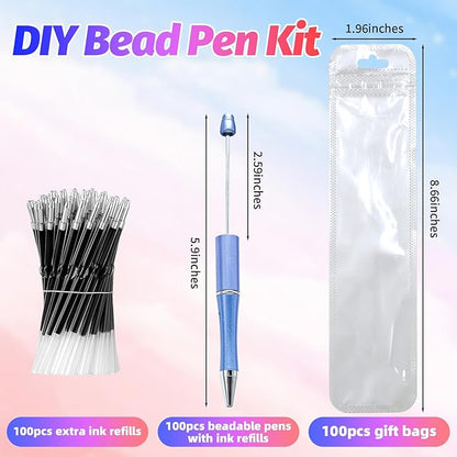 300 Pieces DIY Beadable Pen Kit – 100 Plastic Ballpoint Pens with Refills & Bags – School Supplies, Office Accessories & Decorative Items for Students & Teachers (Blue)