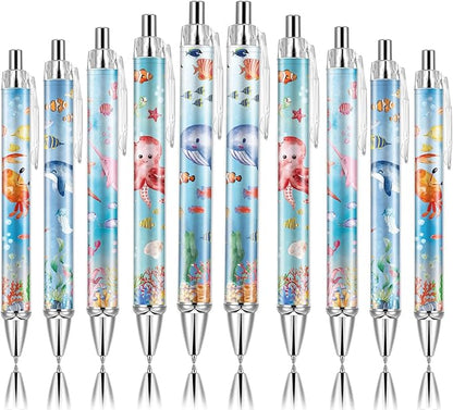 10 PCS Under Sea Ballpoint Pens Retractable Fish Shark Pens Under The Sea Party Favors with 1mm Black Ink Replaceable Pen Refill for Birthday Office Supplies Thanksgiving Christmas Gift