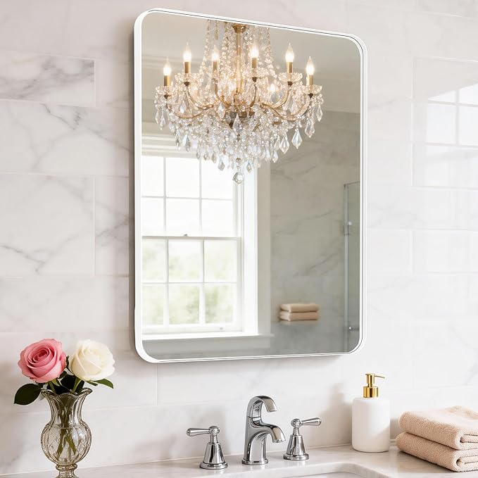 22" x 34" Bathroom Mirror Wall Mounted, Matte Aluminum Alloy Frame with Rounded Corners, Shatterproof Tempered Glass, Anti-Rust HD Vanity Mirror for Bathroom, Bedroom, Entryway (White)