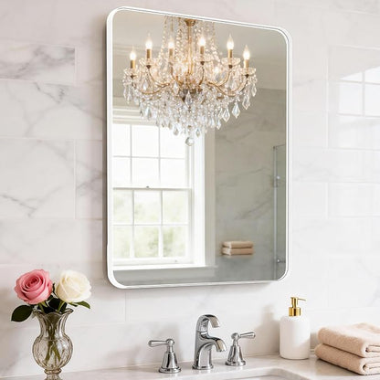 22" x 34" Bathroom Mirror Wall Mounted, Matte Aluminum Alloy Frame with Rounded Corners, Shatterproof Tempered Glass, Anti-Rust HD Vanity Mirror for Bathroom, Bedroom, Entryway (White)