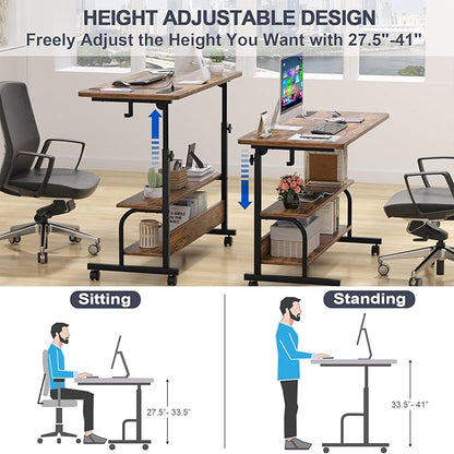 Armocity Height Adjustable Standing Desk with Power Outlets, 39" Manual Stand Up Desk with Storage Shelves Small Mobile Rolling Computer Desk Portable Laptop Table with Wheels for Home Office, Rustic