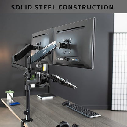 VIVO Laptop and Dual 17 to 32 inch Monitor Pneumatic Arm Mount, Fits 2 Flat or Curved Computer Screens and 10 to 15.6 Inch Notebooks, Laptop Tray, C-clamp, Grommet Mounting Base, Black, STAND-V003KL