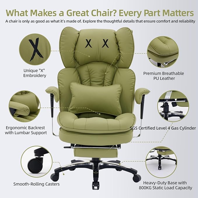 Efomao Big and Tall Office Chair with Footrest – High Back Computer Chair with Adjustable Armrests，Executive Office Chair with Wide Seat, Modern Desk Chair for Home Office, Gaming, or Study, Green