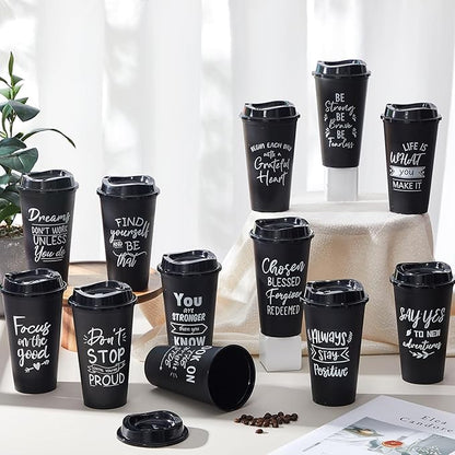 12 Pcs Inspirational Gifts for Employee Coworkers Staff Teammate, 16oz Reusable Plastic Coffee Cups with Positive Sayings, Bundle Gifts for Woman Man Coworker (Black,Inspirational)