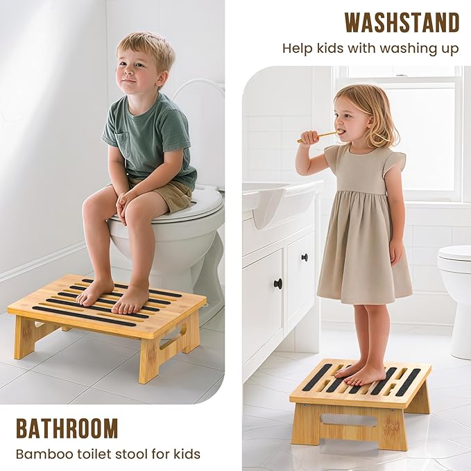 One Step Stool for Adults Seniors and Kids with Non-Slip Surface, Natural Bamboo Stepping Stools for High Bed, Bathroom and Kitchen, Hold Up to 450 LBS, Lightweight, Waterproof, Easy to Install