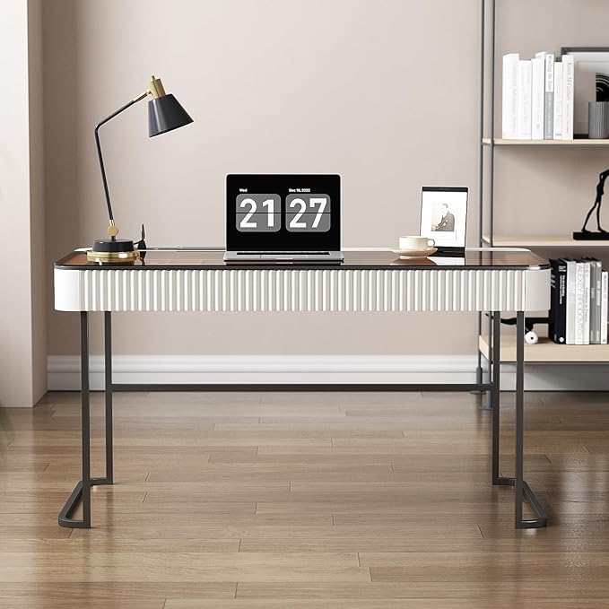 Lartis Office Desk with Drawer - Writing Desk with Intelligent Socket Computer Desk with USB Port Compartmentalized Storage for Home Office Working Gaming