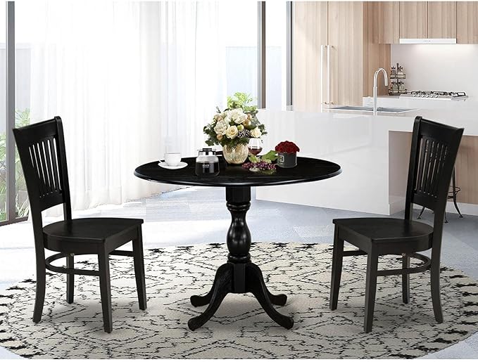 East West Furniture DMVA3-BLK-W 3 Piece Dinette Set for Small Spaces Contains a Round Dining Table with Dropleaf and 2 Dining Chairs, 42x42 Inch, Black
