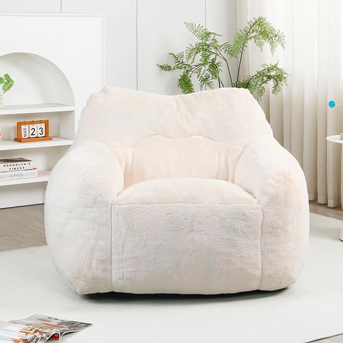 Furniliving Bean Bag Chair, Giant Bean Bag Chair Stuffed Floor Sofa for Adults Comfy Bean Bag Sofa with Back Support, Oversized Bean Bag Couch for Living Room Bedroom Dorm Office, Teddy, White
