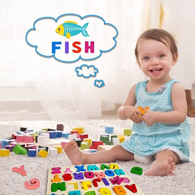 Attmu Alphabet Puzzles Wooden Puzzles for Toddlers Toy, Shape ABC Puzzle Alphabet Learning Toys Preschool Educational Toys Gift for Girls Boys