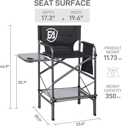 EVER ADVANCED 2 Piece 30.7" Seat Height Directors Chairs for Makeup Artist with Side Table Easy Get in Out for Elderly Tall Camping Chair Supports 350lbs Black