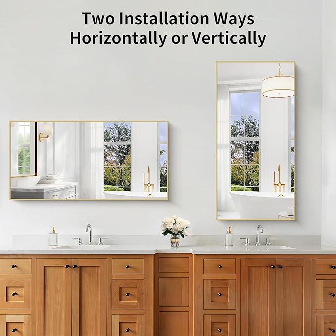 KOCUUY Gold Bathroom Mirror, 24x48 inch Brushed Gold Mirror for Over Sink, Aluminum Framed Rectangular Bathroom Mirror for Bedroom Living Room Bathroom, Hang Horizontal/Vertical