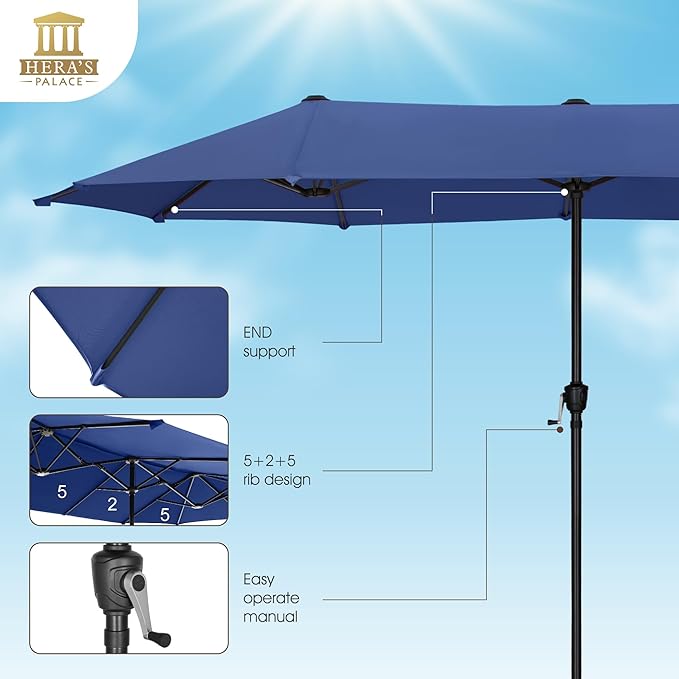 HERA'S PALACE 13 ft Large Patio Umbrella Double-Sided Twin Outdoor Market Umbrella with Crank, Powerful UV Protective, Haze Blue