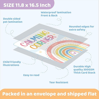 jackinthebox 12 Calming Corner Posters with Gold Foil Embedded Stars - 12 x 17 inches Laminated Classroom Decor Posters, Calm Down Corner Supplies, Emotions Charts for Kids, Easter Gifts for Kids.