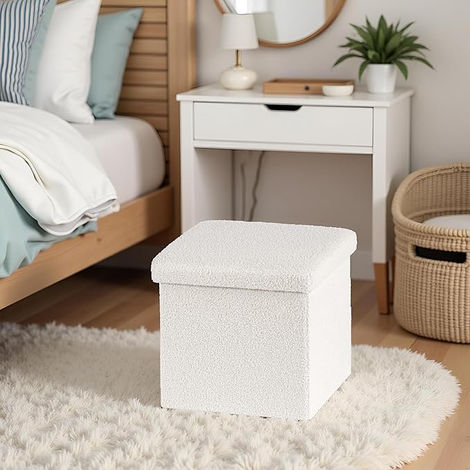 Folding Storage Ottoman Cube - Small Footrest with Sherpa Top, Multi-Functional Storage for Bedroom, Living Room,White