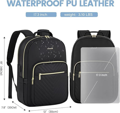 LOVEVOOK Leather Backpacks for Women,17.3 inch Leather Laptop Backpack Women Computer Backpack Laptop Bag,Stylish Quilted Travel Backpack Purse Work Bag College Teacher Backpacks with USB Port,Black