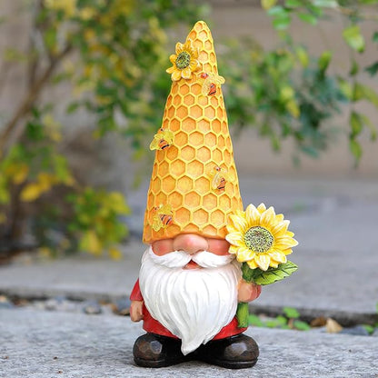 12.3''Garden Gnomes Outdoor Statues Clearance for Garden Decor with Solar Bee Lights,Spring Decorations Gnomes Outside Decor - Sunflower Gift for Women Mom,Yard Art Ornament for Patio Lawn
