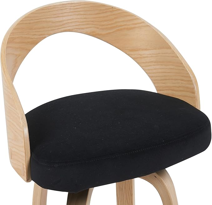Sonia Modern Swivel Bar Height Stool with Black Upholstered Seat and Patterned Oak Wood Finish Set of 3