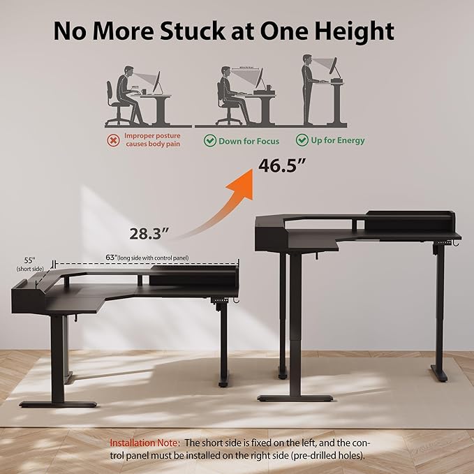 Agilestic L Shaped Standing Desk, Adjustable Height Corner Gaming Desk with Shelf, Sit Stand Up Desk, 63 x 55 Inch Home Office Computer Table, Black