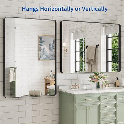 WEER Black Bathroom Mirror for Wall, 48X40 Inch Matte Black Mirror, Rectangular Black Metal Framed Vanity Mirror with Tempered Glass, Rounded Corner, Anti-Rust (Horizontal/Vertical)