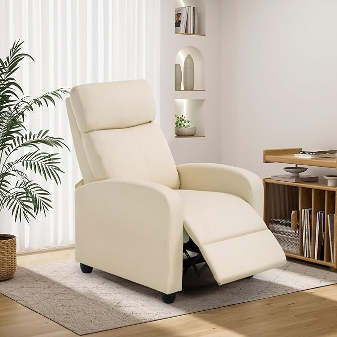 BestMassage | Recliner Chair | No Massage Function | Pu Beige | with Lumbar Support, Adjustable Push Back, Wide Armrests, Footrest & Padded Seat | Easy Assembly | for Living Room, Home Theatre