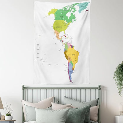 Ambesonne Map Tapestry, Map of South and North America with Countries Capitals and Major Cities Colorful Design, Fabric Wall Hanging Decor for Bedroom Living Room Dorm, 30" X 45", Green White