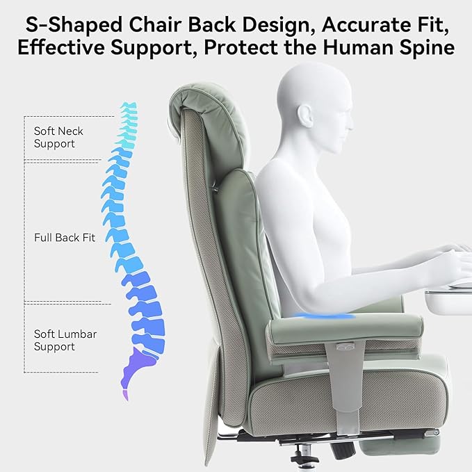 Efomao Big and Tall Green Office Chair 450LBS – Ergonomic High-Back Executive Chair with Footrest, Adjustable Padded Armrests, PU Leather Computer Chair with Lumbar Support for Home or Office，Green