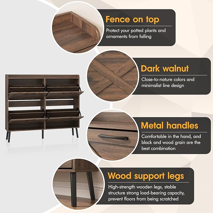 Maupvit Large Shoe Storage Cabinet with 4 Flip Drawers, Narrow Shoe Cabinet for Entryway with Wooden Legs, Freestanding Hidden Shoe Rack Organizer ＆ Metal Hinges, Walnut