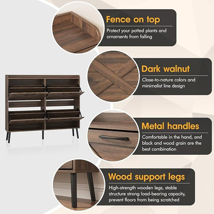 Maupvit Large Shoe Storage Cabinet with 4 Flip Drawers, Narrow Shoe Cabinet for Entryway with Wooden Legs, Freestanding Hidden Shoe Rack Organizer ＆ Metal Hinges, Walnut