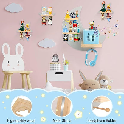Moon + Stars for Toniebox 1/2 Tonies Figures Organizer Storage Shelf Wall Mounted, Magnetic Floating Shelves for Toniebox Player, Characters, Earphones, Display Collection 20~30 Characters (Gray)