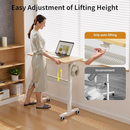 Mobile Walking Pad Desk with Wheels, Pneumatic Small Rolling Standing Desk Riser Height Adjustable (28-43.7") for Treadmill, Portable Computer Table for Home Office, Oak