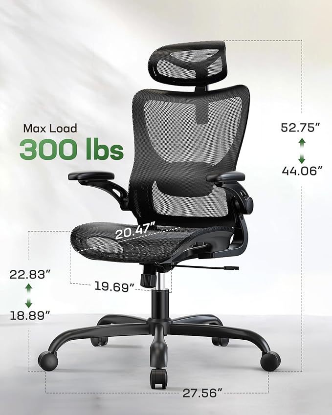 Marsail Ergonomic Mesh Office Chair High Back Home Office Desk Chair with Adaptive Lumbar Support, 2D Headrest, 3D Flip-Up Armrests, Height Adjustable and Rocking Tilt for Home Office and Gaming