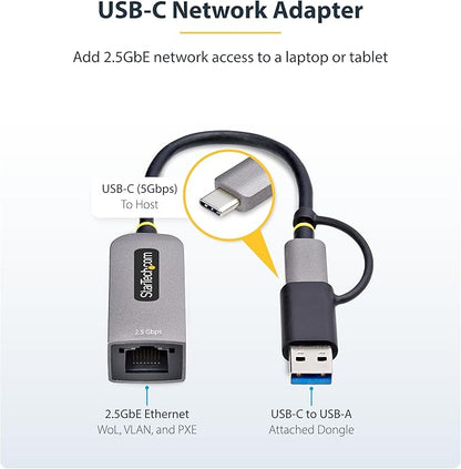 StarTech.com 2.5GbE USB-C to Ethernet Adapter with USB-A Converter, NBASE-T NIC, USB 3.0 Type-C 2.5/1G Multi Speed Network