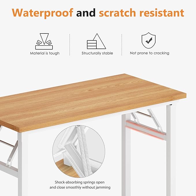 DlandHome Folding Desk - 31.5 Inch Small Computer Desk for Home Office - Folding Table Writing Table for Small Spaces - No Assembly Required - Teak & White Frame