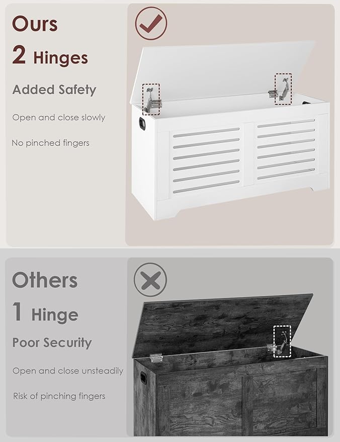 DINZI LVJ Storage Chest, 43.3” Wooden Toy Box with 2 Safety Hinges, Retro Entryway Shoe Storage Bench with Flip-Top, Sturdy Large Storage Trunk for Living Room, Bedroom, Easy Assembly, White