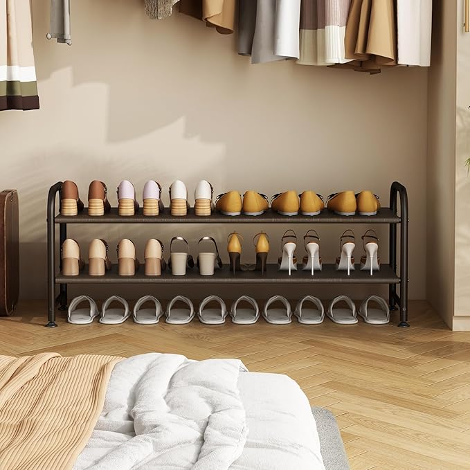 Shoe Rack 2 Tier Long Storage Organizer Wide Metal Shoe Shelf for Closet Entryway Brown