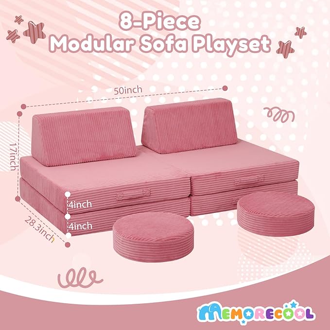 MeMoreCool Kids Couch for Playroom, Corduroy Convertible Toddler Couch, 8 Piece Modular Play Sofa, Foam Fort Building Set for Child Room Furniture, Pink