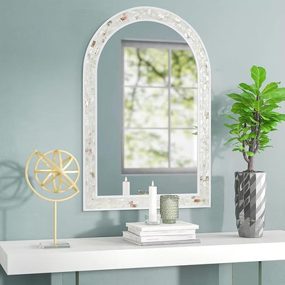 Tanmicoshomy Arched Bathroom Mirror 20x30 Inches, Natural Shell and White Wood Framed Mirrors with Tempered Glass for Bathroom Living Room Bedroom or Entryway