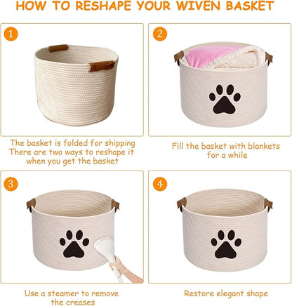 Geyecete Round Dog dog toy basket storage weave Rope Storage Basket Pet/Doy Toy Box Dog Storage Basket-Beige
