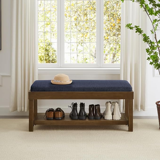24KF Large Rectangular Storage Bench,Upholstered Seat Cushion,Ottoman Coffee Table with Navy Blue Removable Cushion for Living Room,Entryway Bench Bed Bench with Solid Wood Shelf,5069-Navy Blue