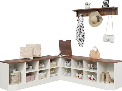 DWVO 61" L-Shaped Shoe Rack with Bench and Hooks, Corner Shoe Cabinet with Hidden Storage, Coat Rack & Seating for Entryway, Hallway, Bedroom, 61" D x 61" W x 18" H, White & Walnut
