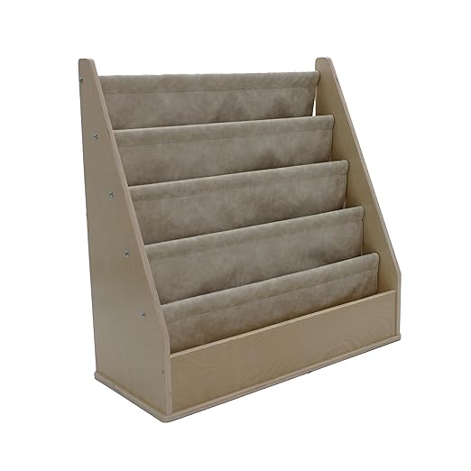 Factory Direct Partners Rustic Kid Birch Sling Book Display; Distressed Faux Leather 4-Shelf Storage for Books or Magazines; Furniture for Bedroom, Playroom, Daycare or Classroom - Almond, 13745-320