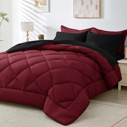 HEVUMYI Red & Black King Comforter Set - 7-Piece All Season Bed in a Bag King, Ultra Soft Burgundy Bedding Set with Comforter, Flat Sheet, Fitted Sheet, Pillowcases, Pillow Shams, Burgundy Red & Black