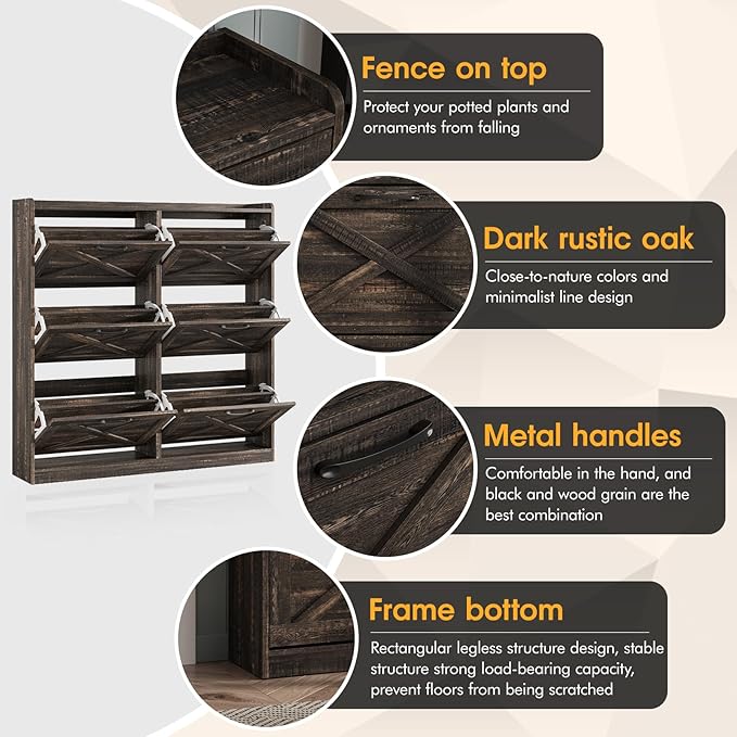 Maupvit Large Shoe Storage Cabinet with 6 Flip Drawers, Freestanding Shoe Organizer with Metal Handles for Entryway, Narrow Shoe Rack Cabinet, Dark Rustic Oak